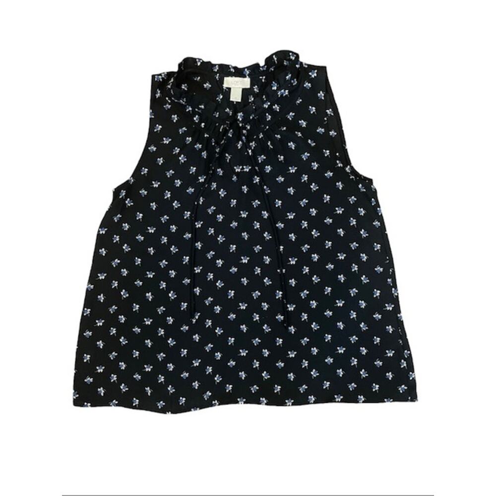 LOFT Outlet Black Floral Ruffle Neck Sleeveless Blouse Size M 100% Polyester